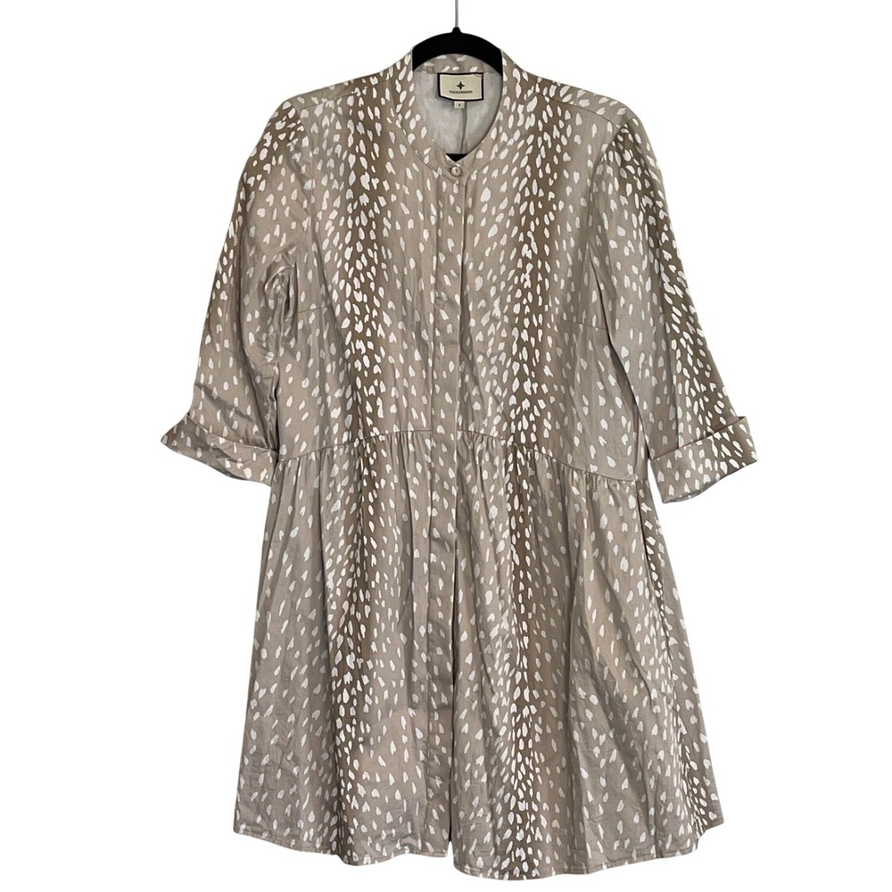 Tuckernuck‎ Royal Shirt Dress Tan White Deer Bambi Print 3/4 Sleeve Small
